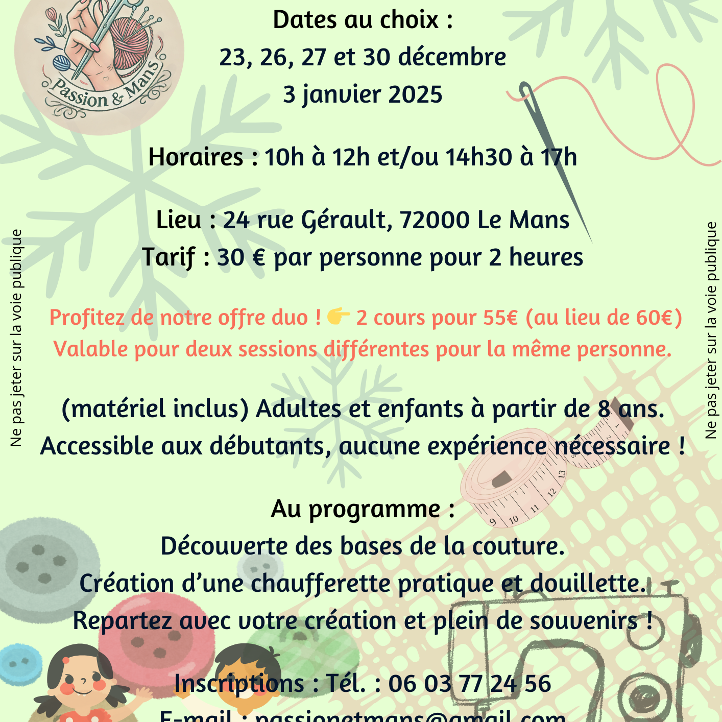 ateliers couture avec proposition de dates et horaire pour les vacances de noël. liens vers le formulaire d'inscription.