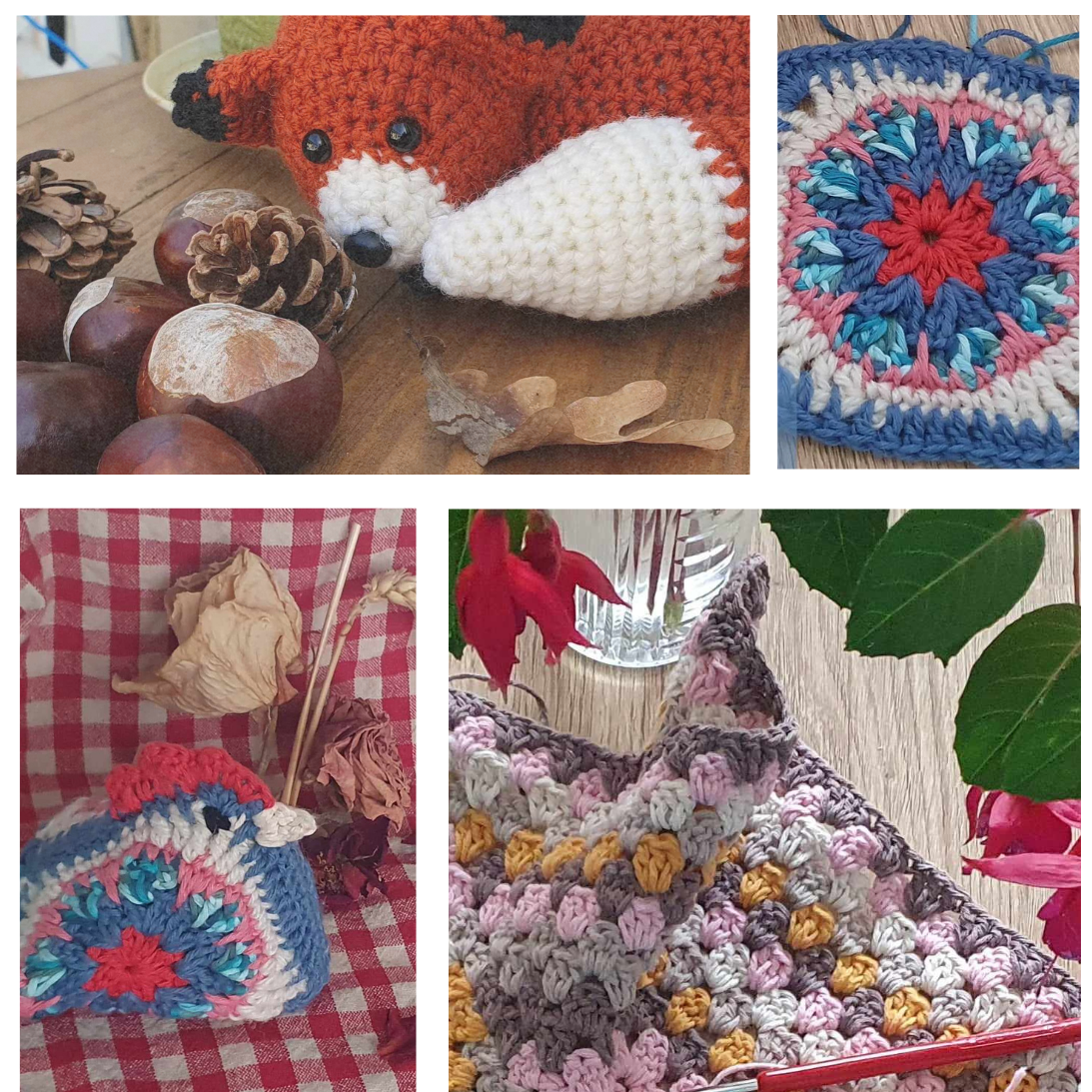 proposition atelier crochet, liens vers le formulaire d'inscription. différentes réalisations au crochet. un assemblage de mailles chainette avec un crochet pour réaliser un e création.